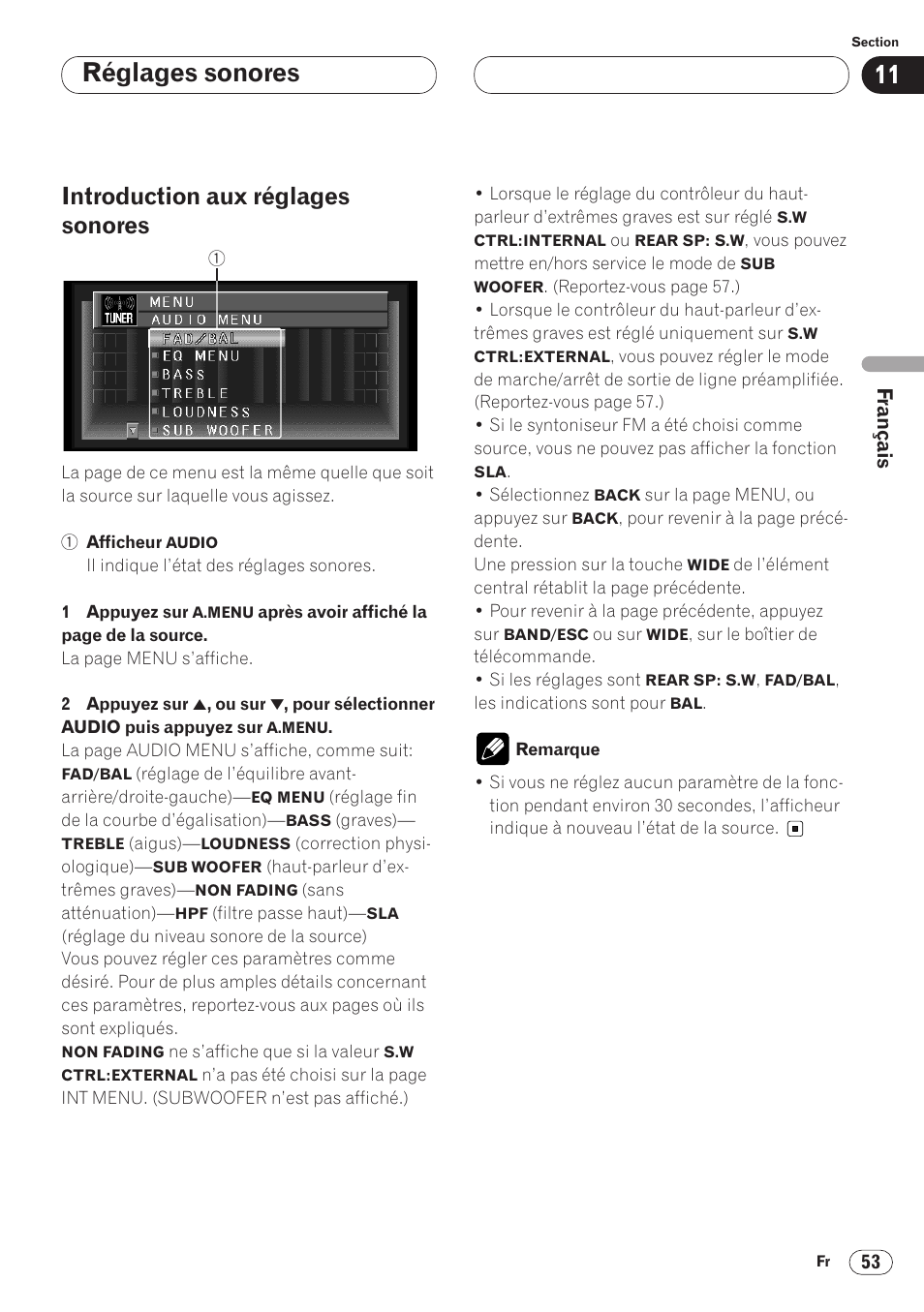 Introduction aux réglages sonores 53, Réglages sonores, Introduction aux réglages sonores | Pioneer AVH-P6400 User Manual | Page 123 / 212