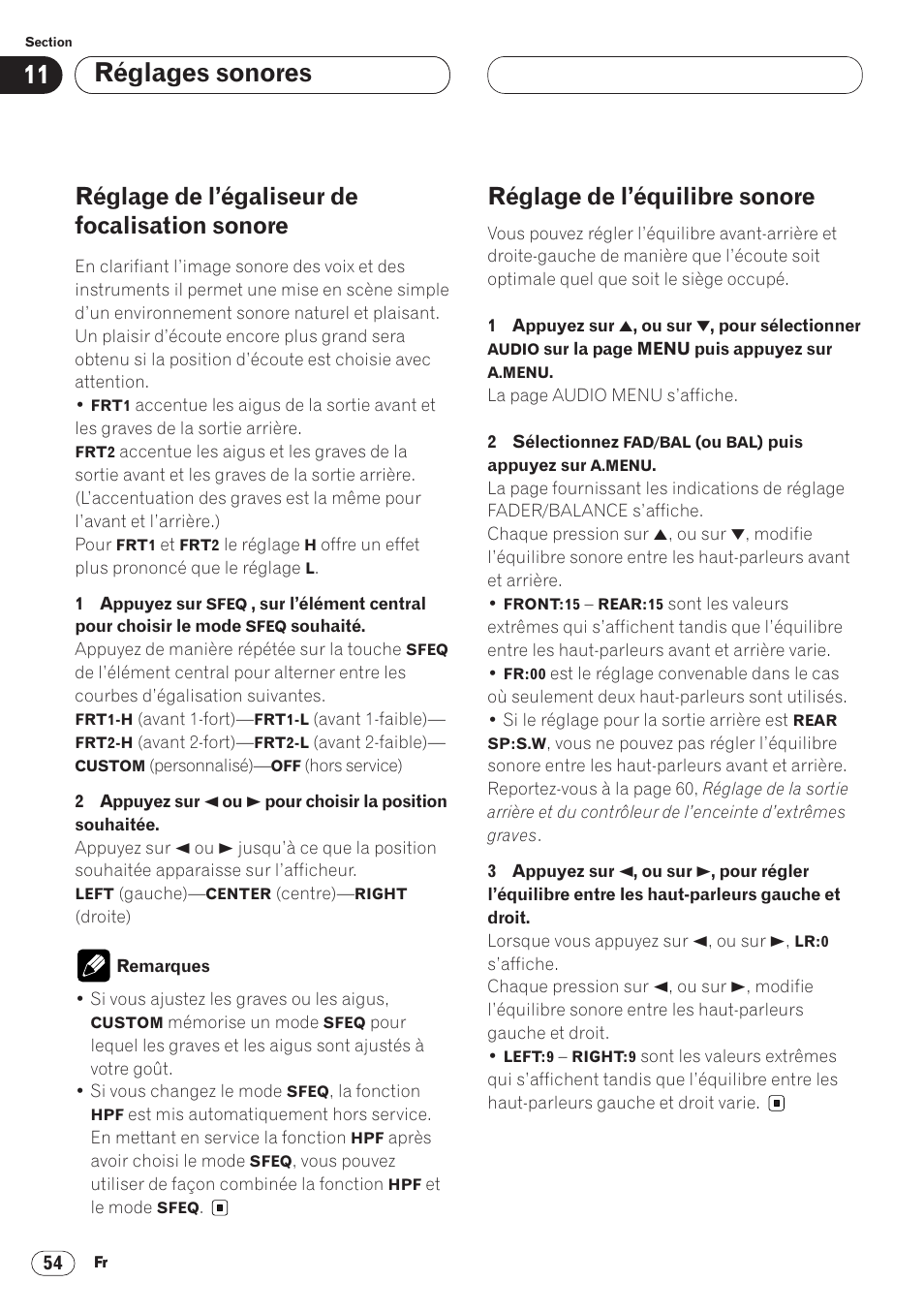 Réglage de l’égaliseur de focalisation, Sonore 54, Réglage de l’équilibre sonore 54 | Réglages sonores, Réglage de l’égaliseur de focalisation sonore, Réglage de l’équilibre sonore | Pioneer AVH-P6400 User Manual | Page 124 / 212
