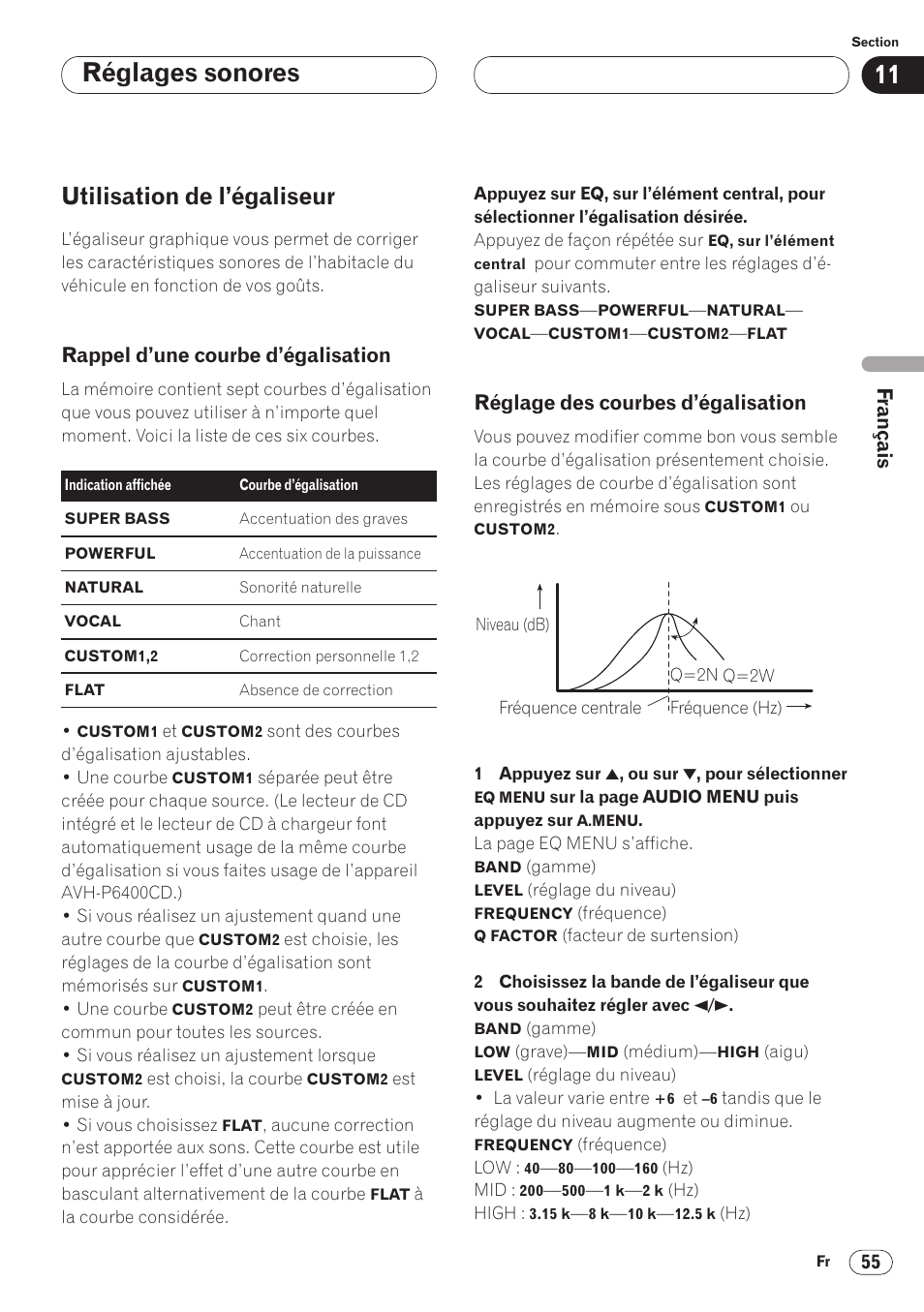 Utilisation de l’égaliseur 55, Réglages sonores, Utilisation de l’égaliseur | Rappel d’une courbe d’égalisation, Réglage des courbes d’égalisation | Pioneer AVH-P6400 User Manual | Page 125 / 212