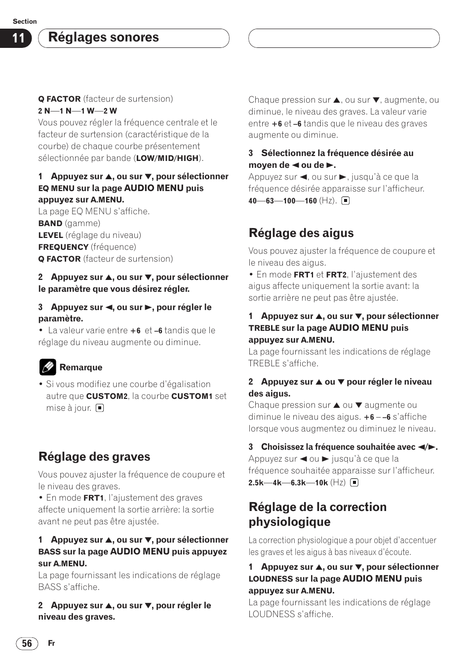 Réglages sonores, Réglage des graves, Réglage des aigus | Réglage de la correction physiologique | Pioneer AVH-P6400 User Manual | Page 126 / 212