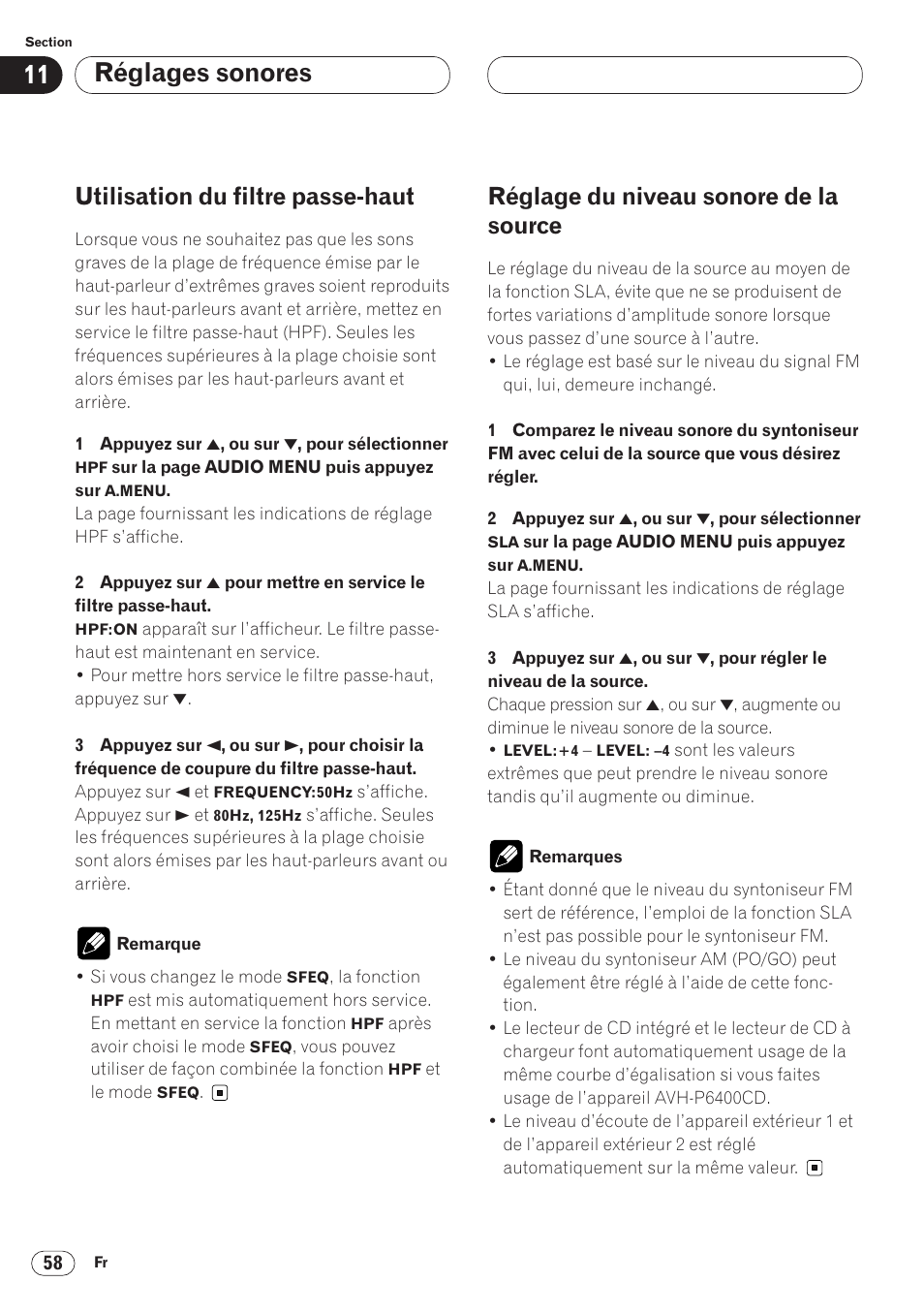 Réglages sonores, Utilisation du filtre passe-haut, Réglage du niveau sonore de la source | Pioneer AVH-P6400 User Manual | Page 128 / 212