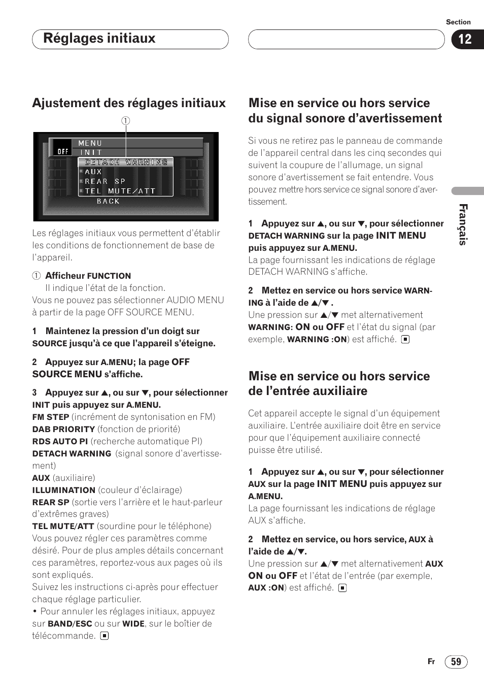 Sonore d’avertissement 59, Mise en service ou hors service de l’entrée, Auxiliaire 59 | Réglages initiaux, Ajustement des réglages initiaux | Pioneer AVH-P6400 User Manual | Page 129 / 212