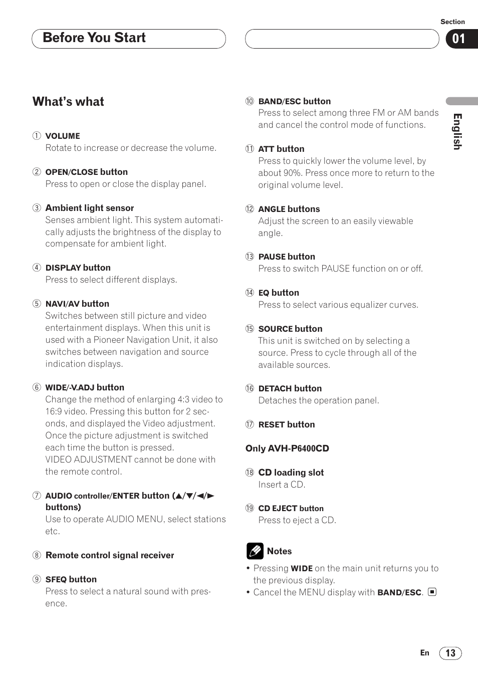 What’s what 13, Before you start, What’s what | Pioneer AVH-P6400 User Manual | Page 13 / 212