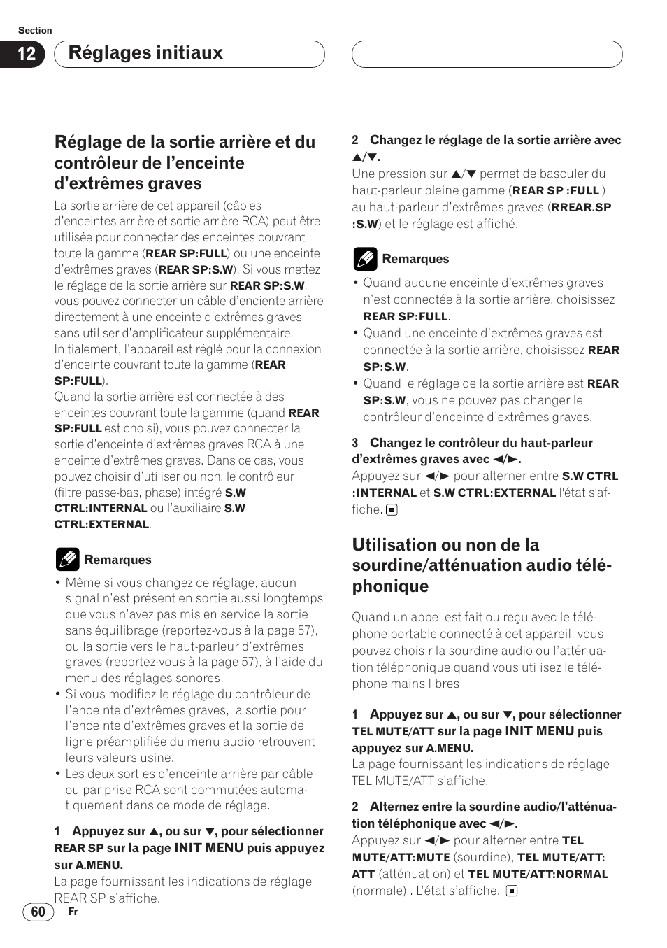 Réglage de la sortie arrière et du contrôleur, De l’enceinte d’extrêmes graves 60, Utilisation ou non de la sourdine/atténua | Tion audio téléphonique 60, Réglages initiaux | Pioneer AVH-P6400 User Manual | Page 130 / 212