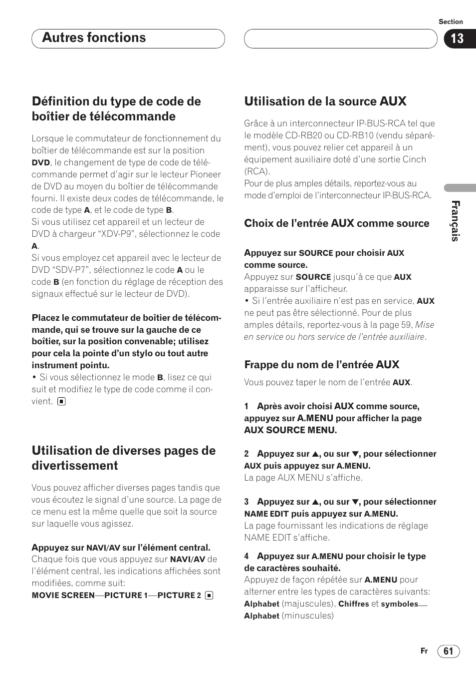 Définition du type de code de boîtier de, Télécommande 61, Divertissement 61 | Utilisation de la source aux 61, Choix de l’entrée aux comme, Source 61, Frappe du nom de l’entrée aux 61, Autres fonctions, Utilisation de diverses pages de divertissement, Utilisation de la source aux | Pioneer AVH-P6400 User Manual | Page 131 / 212