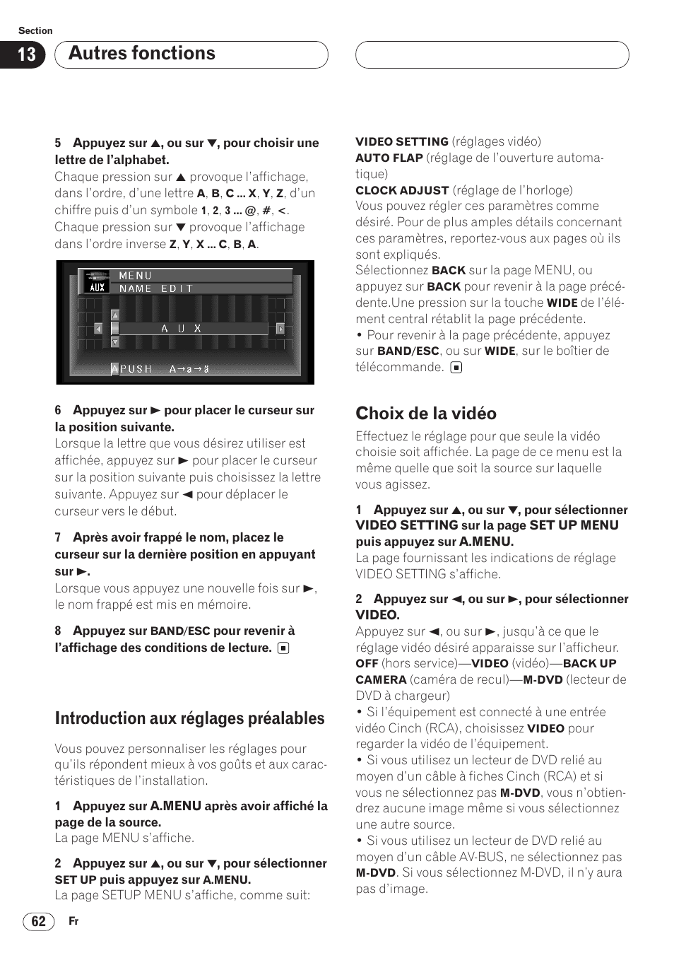 Autres fonctions, Introduction aux réglages préalables, Choix de la vidéo | Pioneer AVH-P6400 User Manual | Page 132 / 212