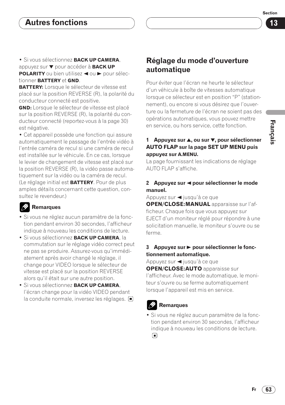 Réglage du mode d’ouverture, Automatique 63, Autres fonctions | Réglage du mode d’ouverture automatique | Pioneer AVH-P6400 User Manual | Page 133 / 212