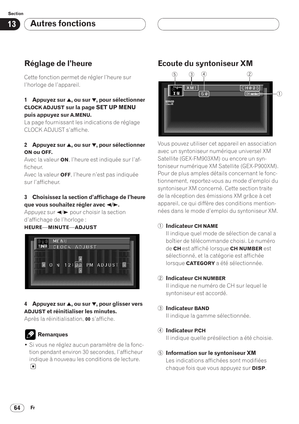 Réglage de l’heure 64 ecoute des émissions xm 64, Autres fonctions, Réglage de l’heure | Ecoute du syntoniseur xm | Pioneer AVH-P6400 User Manual | Page 134 / 212