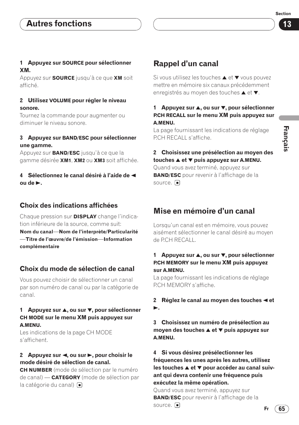 De canal 65, Rappel d’un canal 65 mise en mémoire d’un canal 65, Autres fonctions | Rappel d’un canal, Mise en mémoire d’un canal | Pioneer AVH-P6400 User Manual | Page 135 / 212