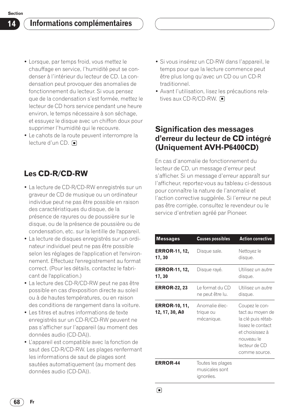 Lecteur de cd intégré (uniquement avh- p6400cd) 68, Informations complémentaires, Les cd-r/cd-rw | Pioneer AVH-P6400 User Manual | Page 138 / 212