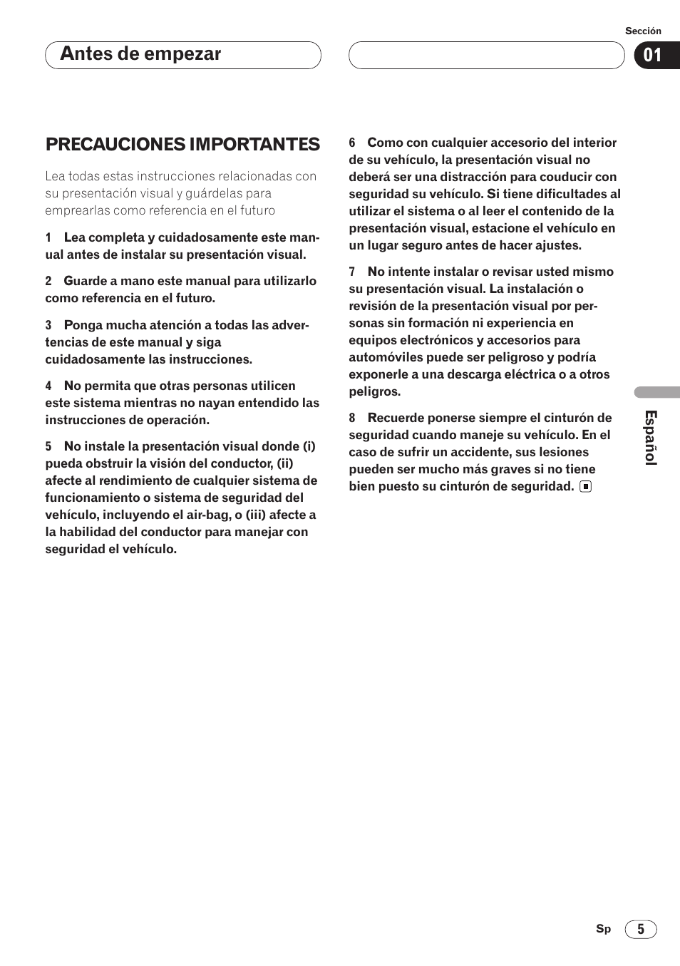 Precauciones importantes 5, Antes de empezar, Precauciones importantes | Pioneer AVH-P6400 User Manual | Page 145 / 212