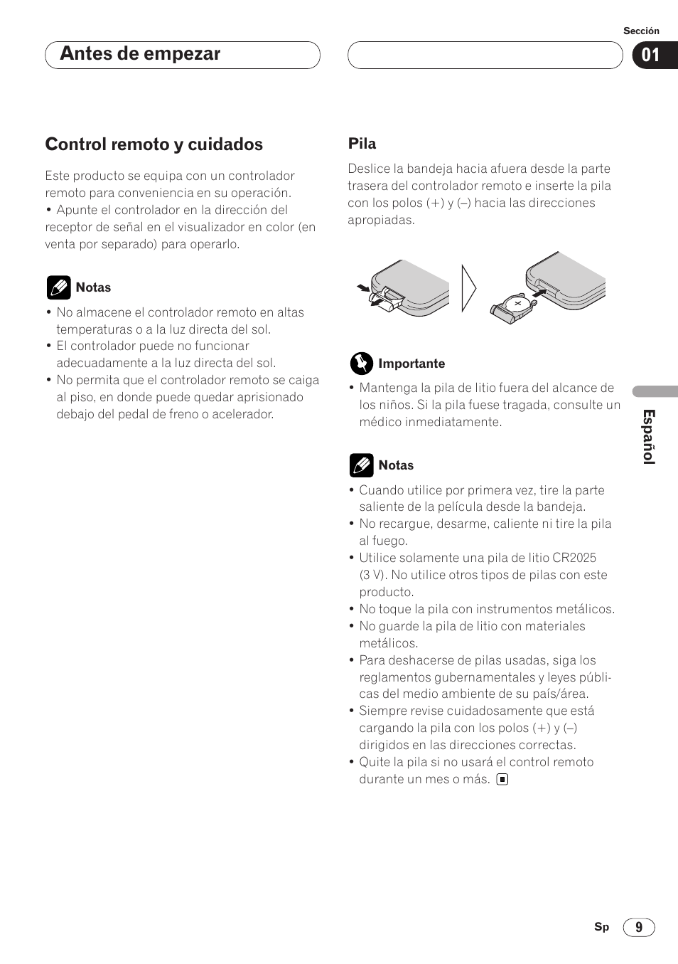 Control remoto y cuidados 9, Pila 9, Antes de empezar | Control remoto y cuidados | Pioneer AVH-P6400 User Manual | Page 149 / 212