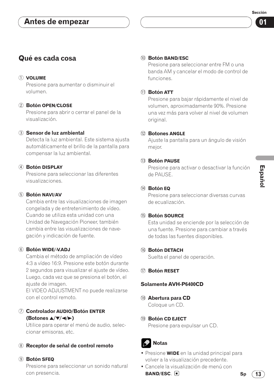 Qué es cada cosa 13, Antes de empezar, Qué es cada cosa | Pioneer AVH-P6400 User Manual | Page 153 / 212