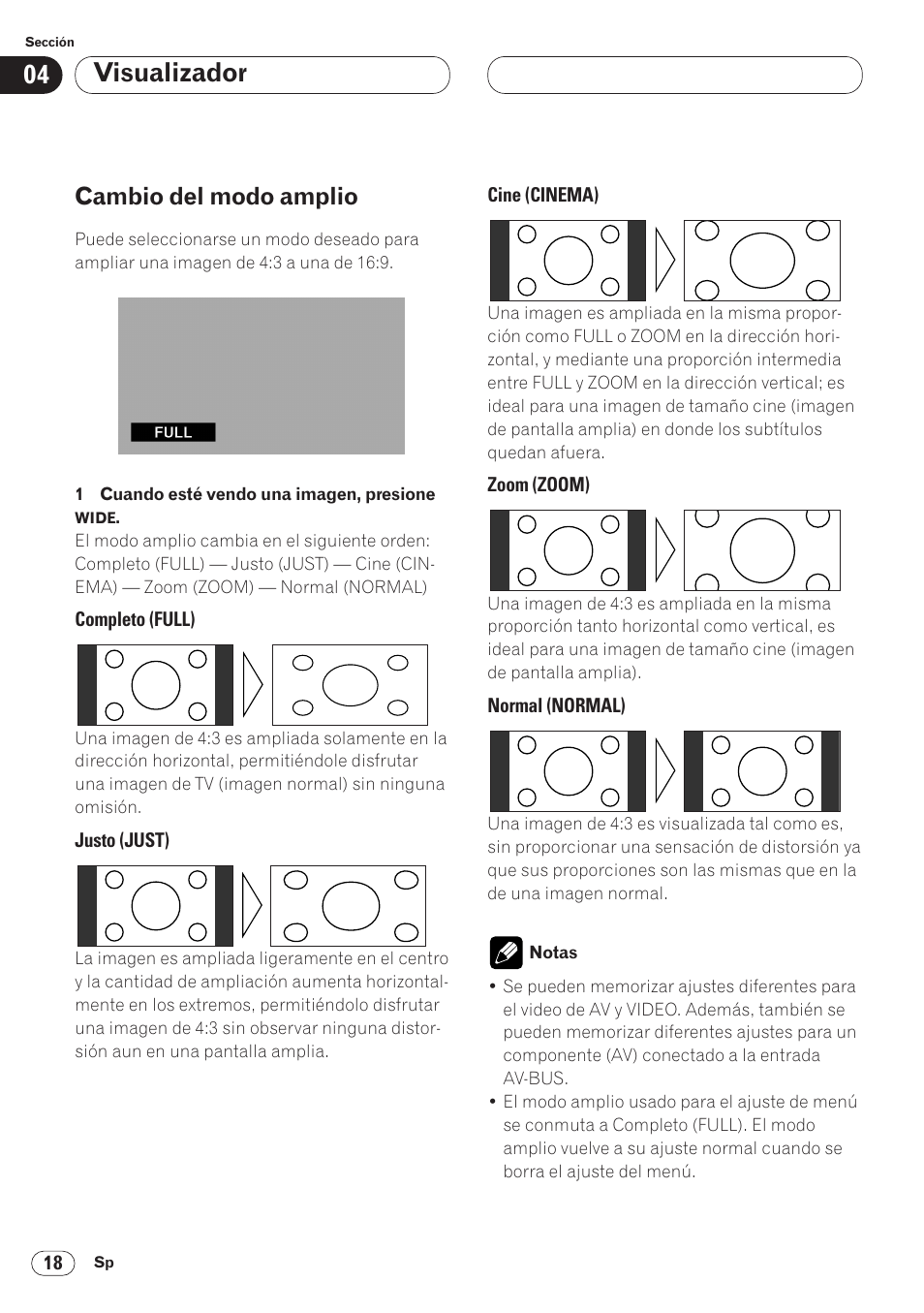 Cambio del modo amplio 18, Visualizador, Cambio del modo amplio | Pioneer AVH-P6400 User Manual | Page 158 / 212