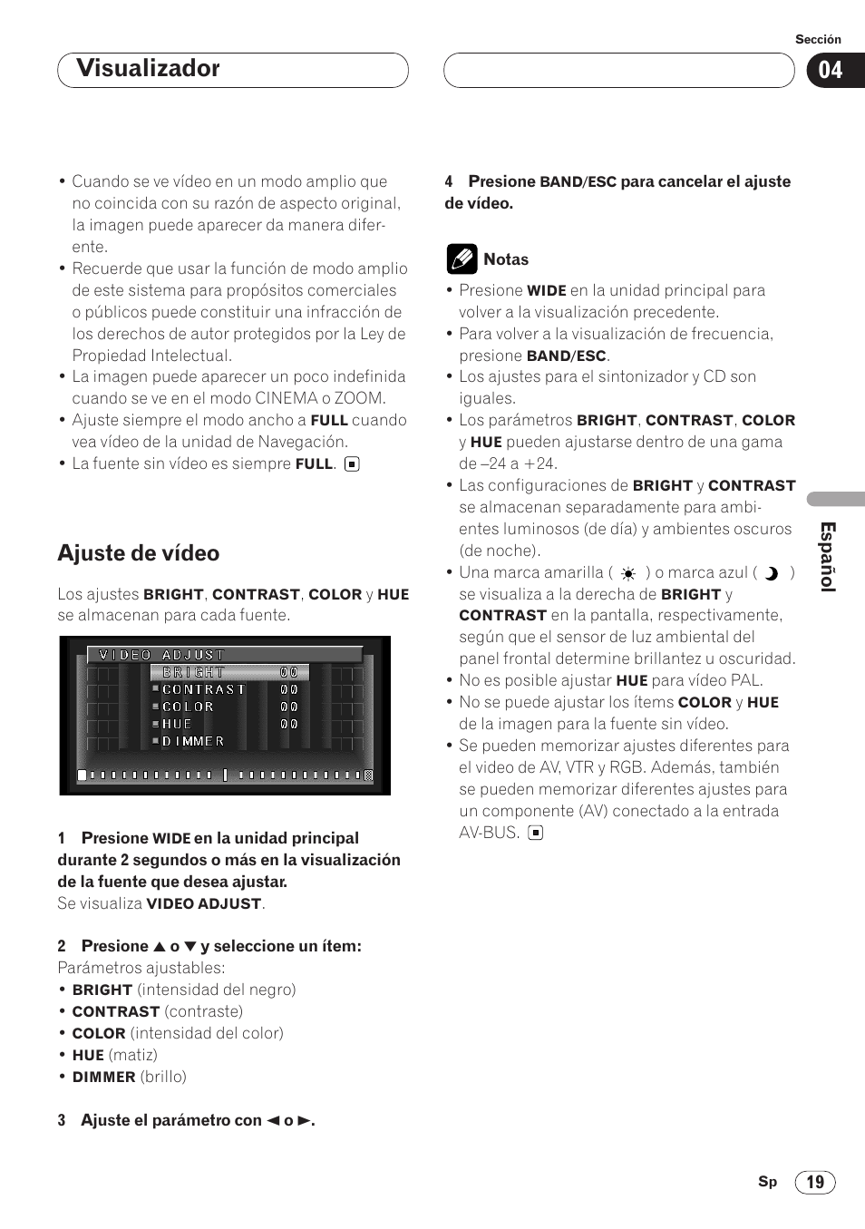 Ajuste de vídeo 19, Visualizador, Ajuste de vídeo | Pioneer AVH-P6400 User Manual | Page 159 / 212