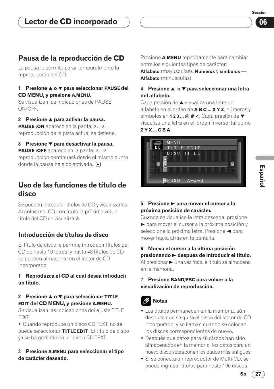 Uso de las funciones de título de disco 27, Introducción de títulos de disco 27, Lector de cd incorporado | Pausa de la reproducción de cd, Uso de las funciones de título de disco | Pioneer AVH-P6400 User Manual | Page 167 / 212