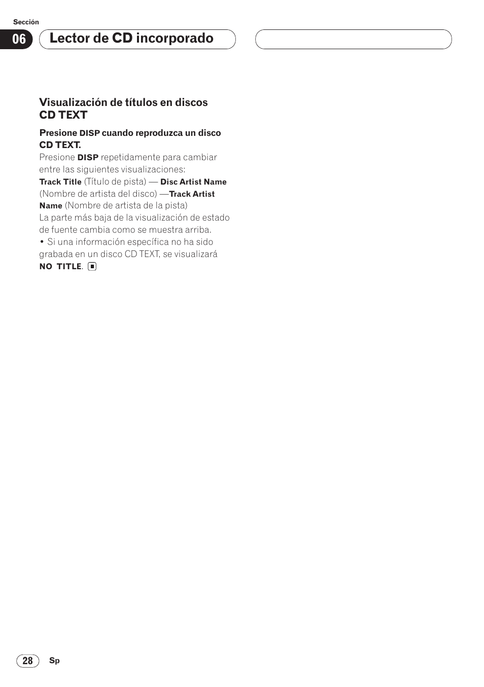 Visualización de títulos en discos, Cd text 28, Lector de cd incorporado | Pioneer AVH-P6400 User Manual | Page 168 / 212