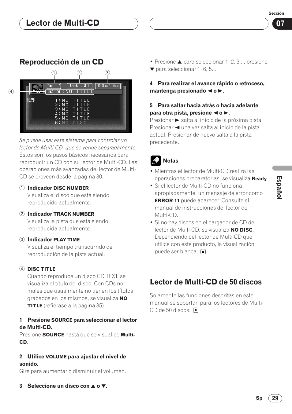 Lector de multi-cd, Reproducción de un cd, Lector de multi-cd de 50 discos | Pioneer AVH-P6400 User Manual | Page 169 / 212