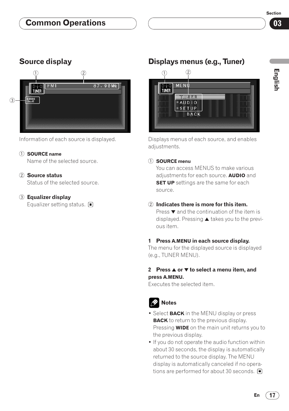 Common operations, Source display, Displays menus (e.g., tuner) | Pioneer AVH-P6400 User Manual | Page 17 / 212