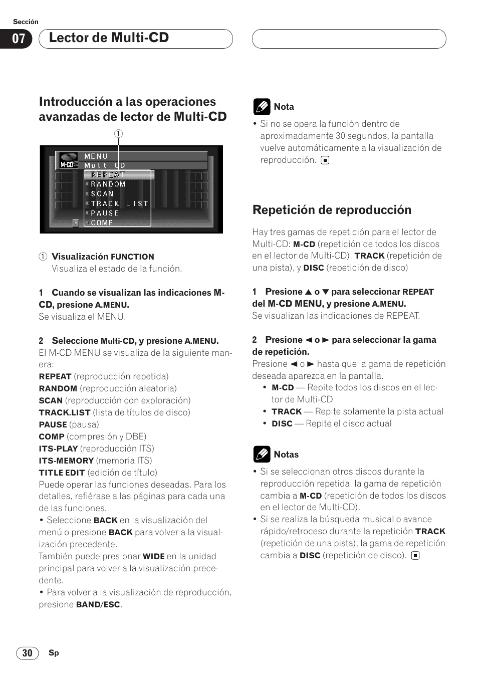 Introducción a las operaciones avanzadas, De lector de multi-cd 30, Repetición de reproducción 30 | Lector de multi-cd, Repetición de reproducción | Pioneer AVH-P6400 User Manual | Page 170 / 212