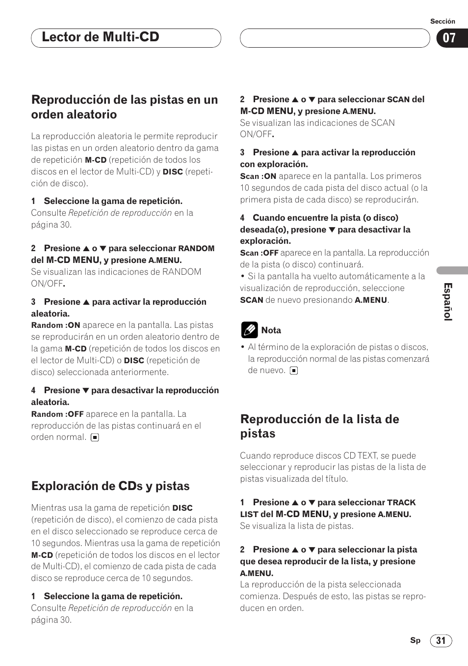Reproducción de las pistas en un orden, Aleatorio 31, Lector de multi-cd | Reproducción de las pistas en un orden aleatorio, Exploración de cds y pistas, Reproducción de la lista de pistas | Pioneer AVH-P6400 User Manual | Page 171 / 212