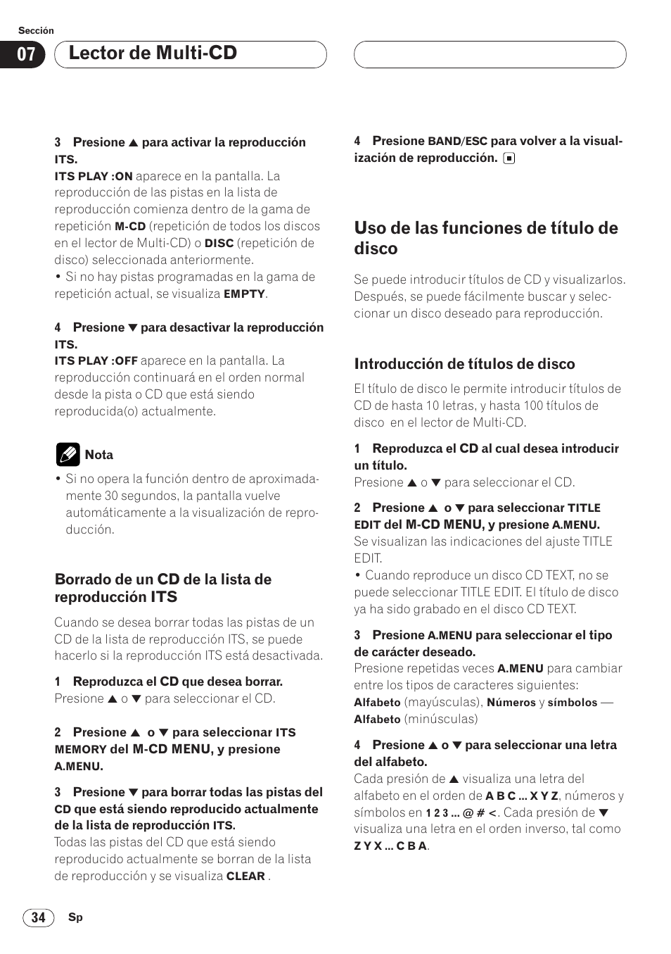 Borrado de un cd de la lista de, Reproducción its 34, Uso de las funciones de título de disco 34 | Introducción de títulos de disco 34, Lector de multi-cd, Uso de las funciones de título de disco, Borrado de un cd de la lista de reproducción its, Introducción de títulos de disco | Pioneer AVH-P6400 User Manual | Page 174 / 212