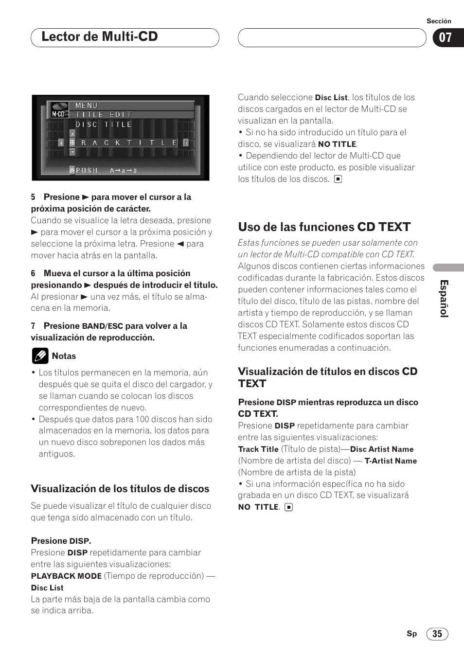 Visualización de los títulos de, Discos 35, Uso de las funciones cd text 35 | Visualización de títulos en discos cd, Text 35, Lector de multi-cd, Uso de las funciones cd text | Pioneer AVH-P6400 User Manual | Page 175 / 212