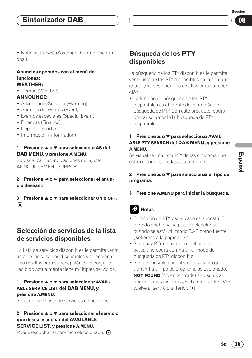 Selección de servicios de la lista de servicios, Disponibles 39, Búsqueda de los pty disponibles 39 | Sintonizador dab, Búsqueda de los pty disponibles | Pioneer AVH-P6400 User Manual | Page 179 / 212