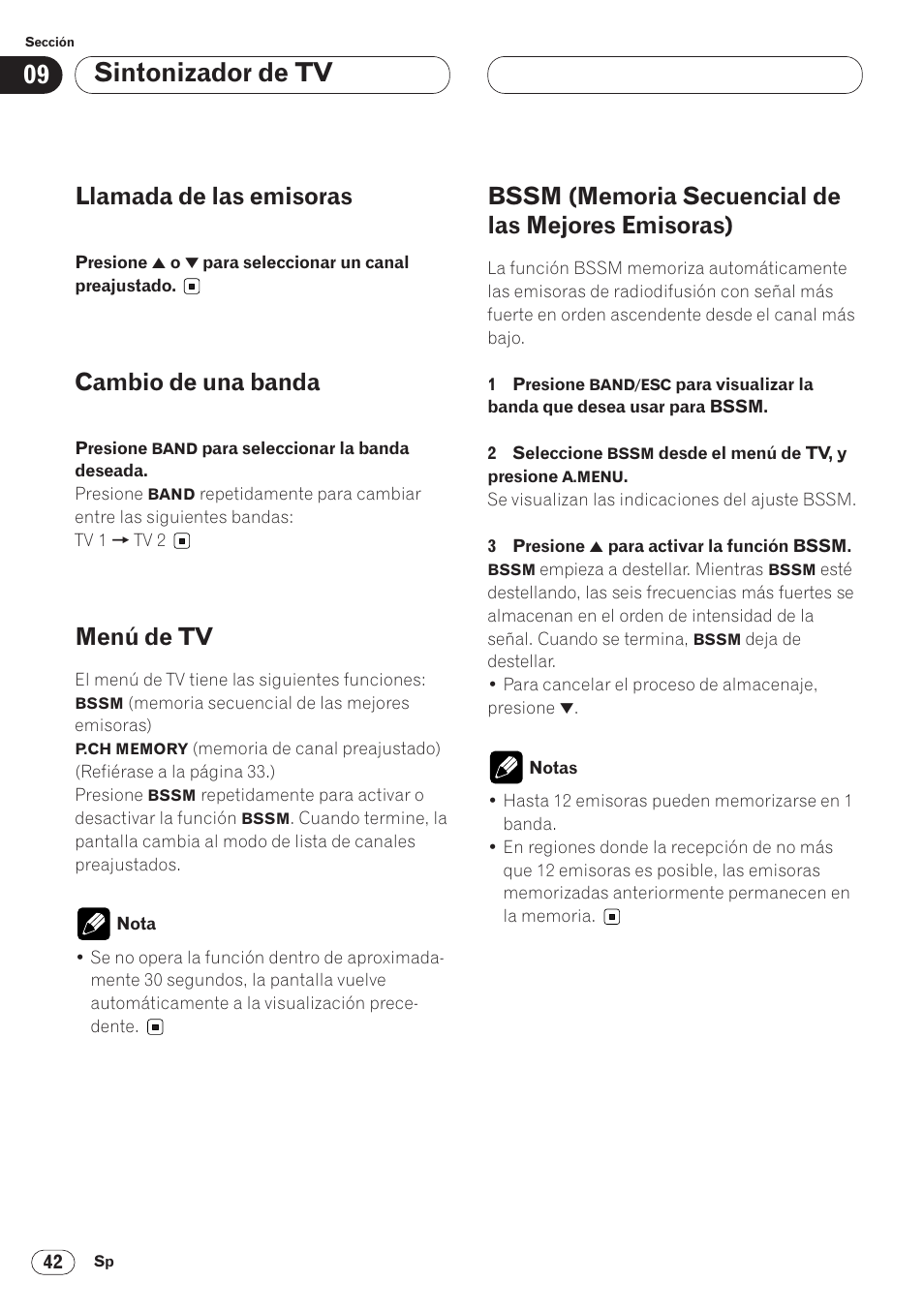 Emisoras) 42, Sintonizador de tv, Llamada de las emisoras | Cambio de una banda, Menú de tv | Pioneer AVH-P6400 User Manual | Page 182 / 212