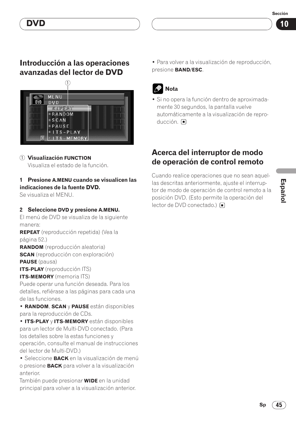 Introducción a las operaciones avanzadas, Del lector de dvd 45, Acerca del interruptor de modo de | Operación de control remoto 45 | Pioneer AVH-P6400 User Manual | Page 185 / 212