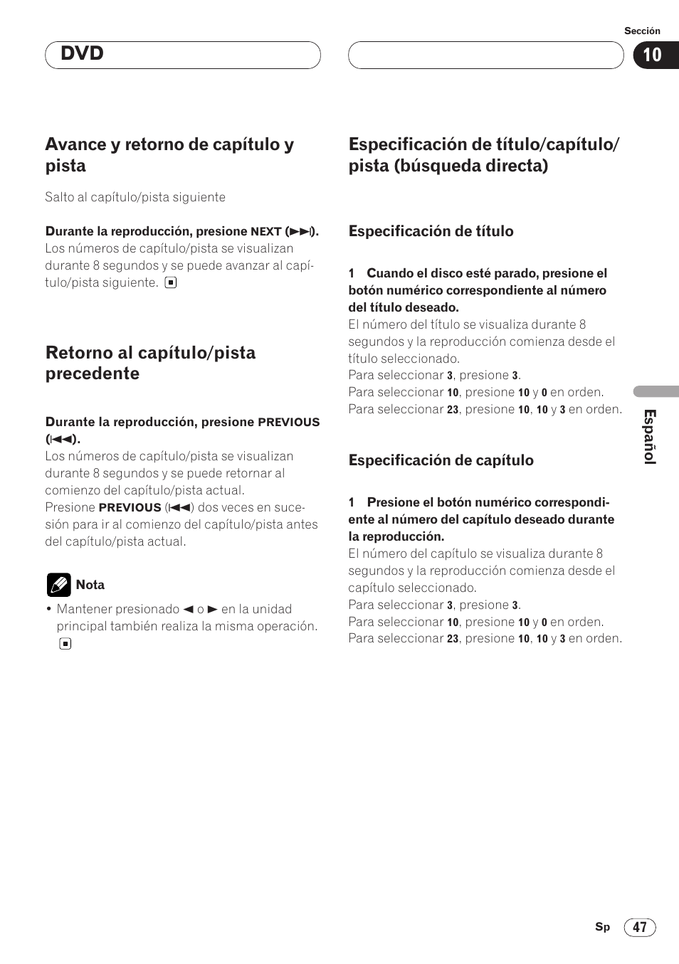 Avance y retorno de capítulo y pista, Retorno al capítulo/pista precedente | Pioneer AVH-P6400 User Manual | Page 187 / 212