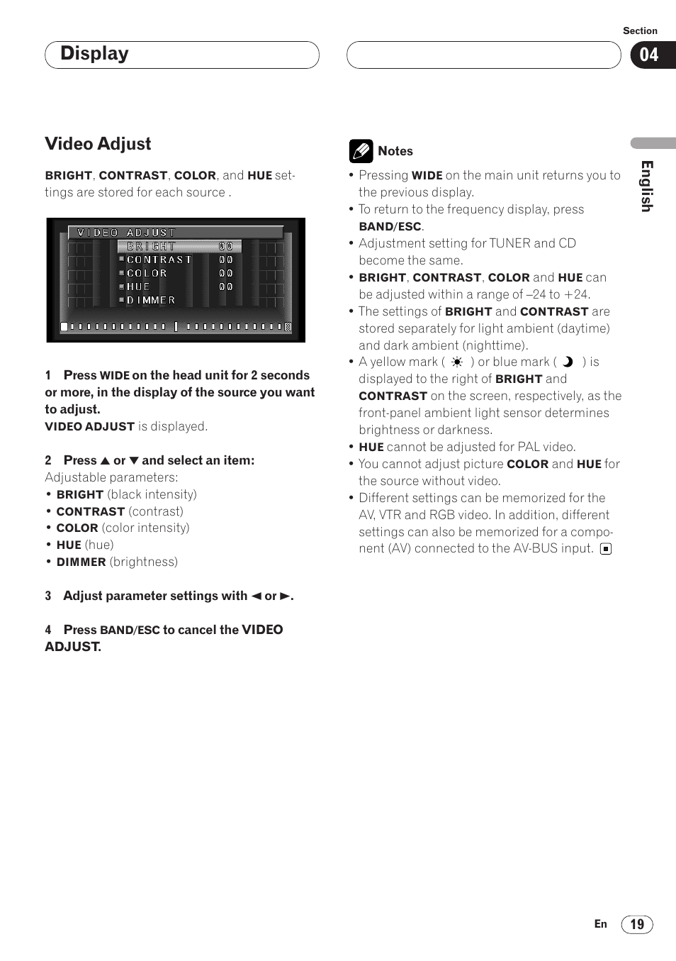 Video adjust 19, Display, Video adjust | Pioneer AVH-P6400 User Manual | Page 19 / 212