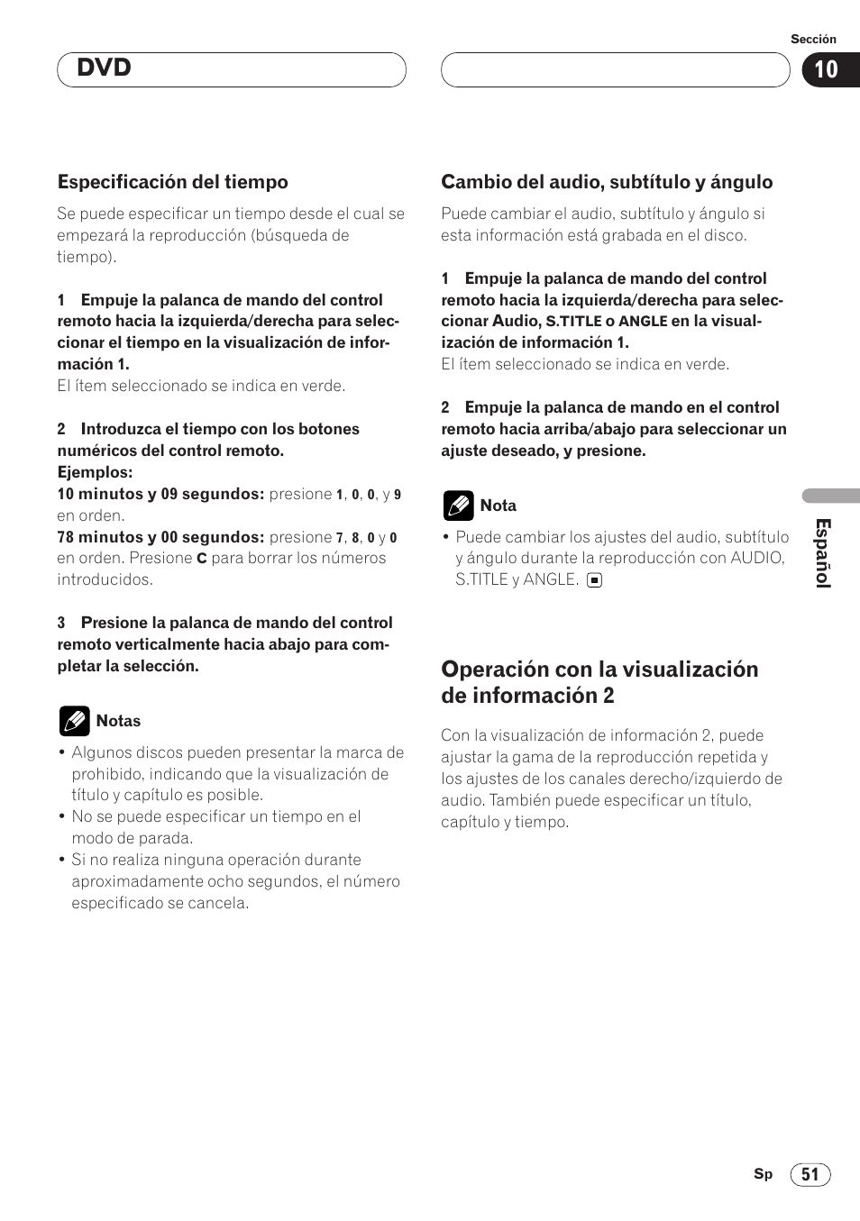 Especificación del tiempo 51, Cambio del audio, subtítulo y, Ángulo 51 | Operación con la visualización de, Información 2 51, Operación con la visualización de información 2 | Pioneer AVH-P6400 User Manual | Page 191 / 212