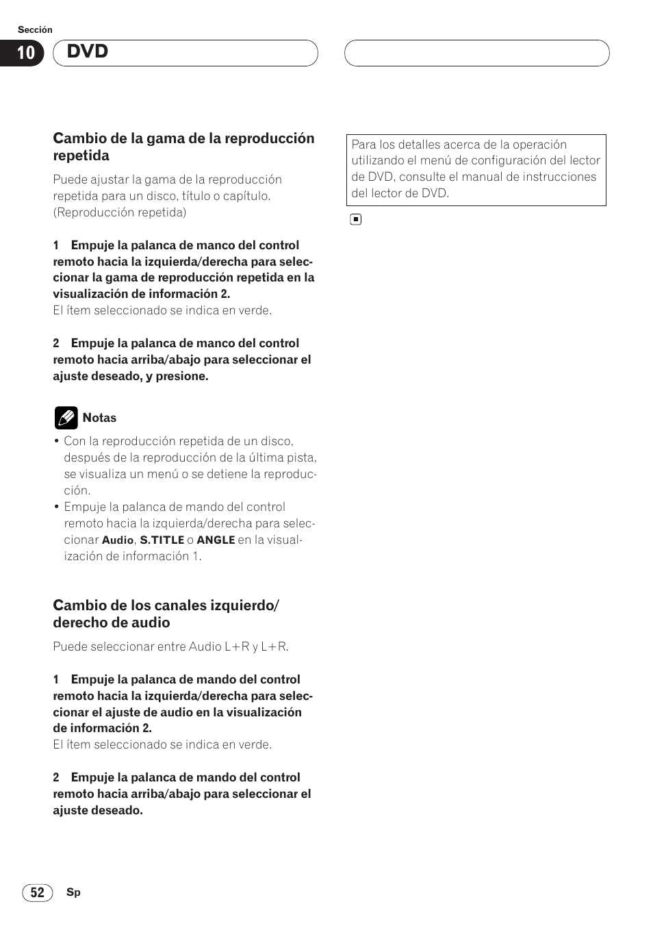 Cambio de la gama de la reproducción, Repetida 52, Cambio de los canales izquierdo | Derecho de audio 52 | Pioneer AVH-P6400 User Manual | Page 192 / 212