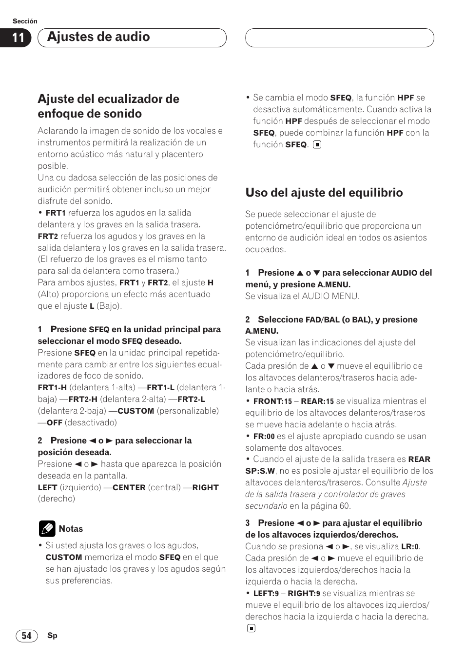 Ajuste del ecualizador de enfoque de, Sonido 54, Uso del ajuste del equilibrio 54 | Ajustes de audio, Ajuste del ecualizador de enfoque de sonido, Uso del ajuste del equilibrio | Pioneer AVH-P6400 User Manual | Page 194 / 212