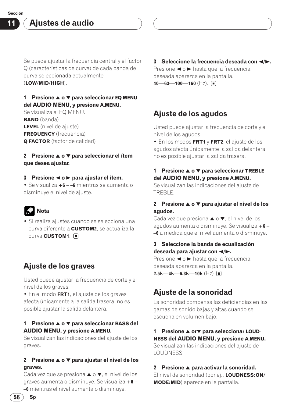 Ajuste de los graves 56 ajuste de los agudos 56, Ajustes de audio, Ajuste de los graves | Ajuste de los agudos, Ajuste de la sonoridad | Pioneer AVH-P6400 User Manual | Page 196 / 212