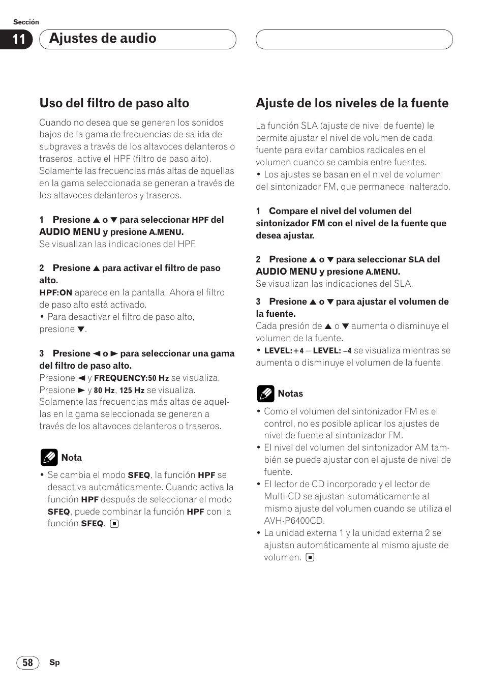 Ajustes de audio, Uso del filtro de paso alto, Ajuste de los niveles de la fuente | Pioneer AVH-P6400 User Manual | Page 198 / 212