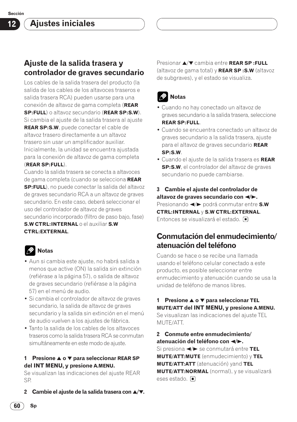 Ajuste de la salida trasera y controlador, De graves secundario 60, Conmutación del enmudecimiento | Atenuación del teléfono 60, Ajustes iniciales | Pioneer AVH-P6400 User Manual | Page 200 / 212