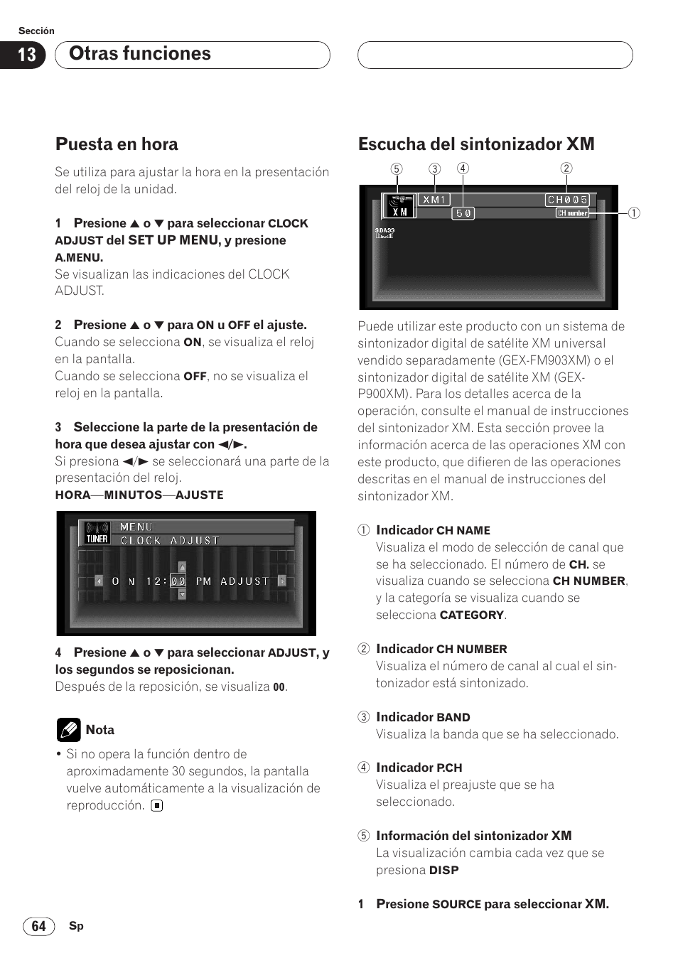 Puesta en hora 64 escucha del sintonizador xm 64, Otras funciones, Puesta en hora | Escucha del sintonizador xm | Pioneer AVH-P6400 User Manual | Page 204 / 212