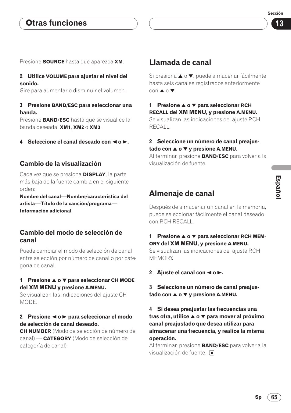 De canal 65, Llamada de canal 65 almenaje de canal 65, Otras funciones | Llamada de canal, Almenaje de canal | Pioneer AVH-P6400 User Manual | Page 205 / 212