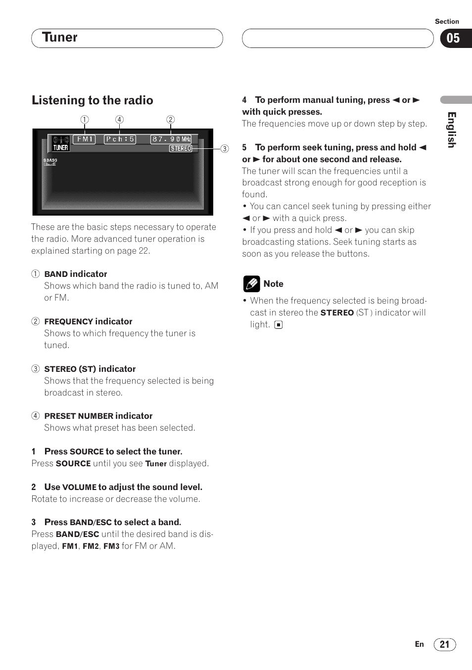 Listening to the radio 21, Tuner, Listening to the radio | Pioneer AVH-P6400 User Manual | Page 21 / 212