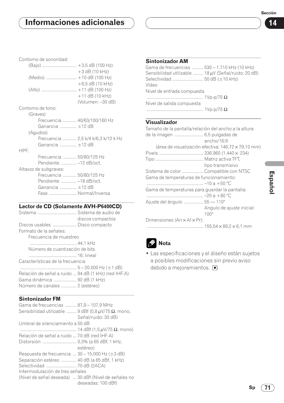 Informaciones adicionales | Pioneer AVH-P6400 User Manual | Page 211 / 212