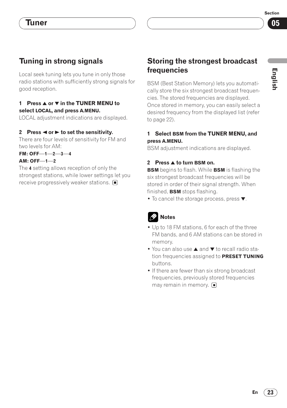 Frequencies 23, Tuner, Tuning in strong signals | Storing the strongest broadcast frequencies | Pioneer AVH-P6400 User Manual | Page 23 / 212