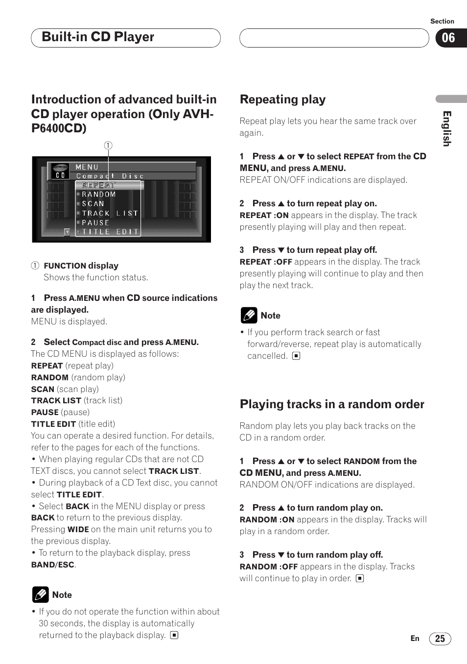 Introduction of advanced built-in, Cd player operation (only avh-p6400cd) 25, Built-in cd player | Repeating play, Playing tracks in a random order | Pioneer AVH-P6400 User Manual | Page 25 / 212