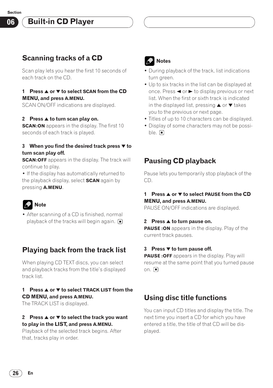 Built-in cd player, Scanning tracks of a cd, Playing back from the track list | Pausing cd playback, Using disc title functions | Pioneer AVH-P6400 User Manual | Page 26 / 212