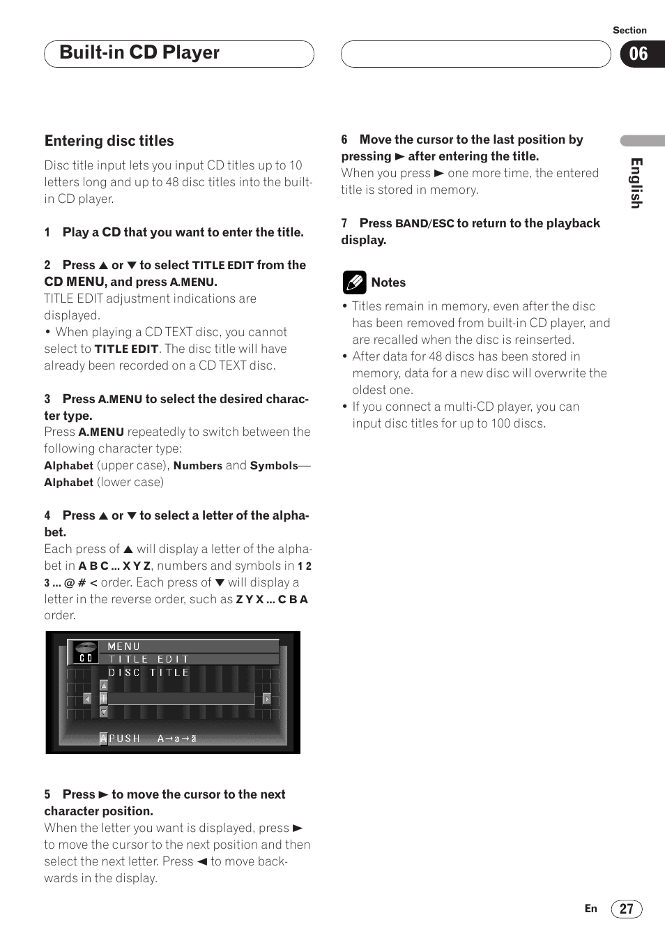 Entering disc titles 27, Built-in cd player | Pioneer AVH-P6400 User Manual | Page 27 / 212