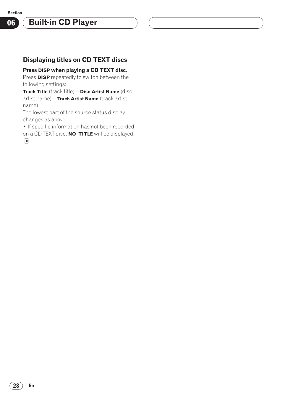 Displaying titles on cd text discs 28, Built-in cd player | Pioneer AVH-P6400 User Manual | Page 28 / 212