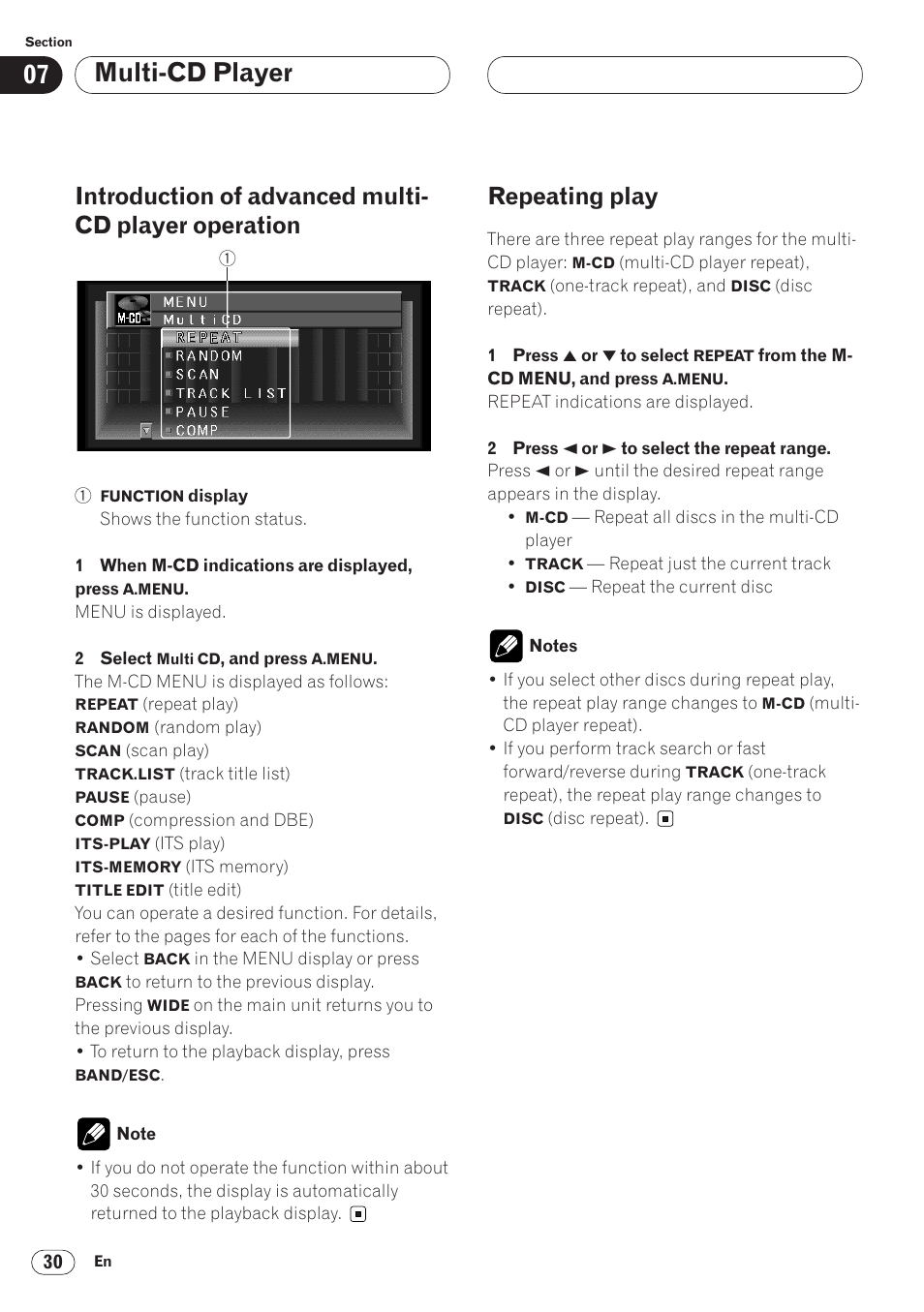 Introduction of advanced multi-cd player, Operation 30, Repeating play 30 | Multi-cd player, Repeating play | Pioneer AVH-P6400 User Manual | Page 30 / 212