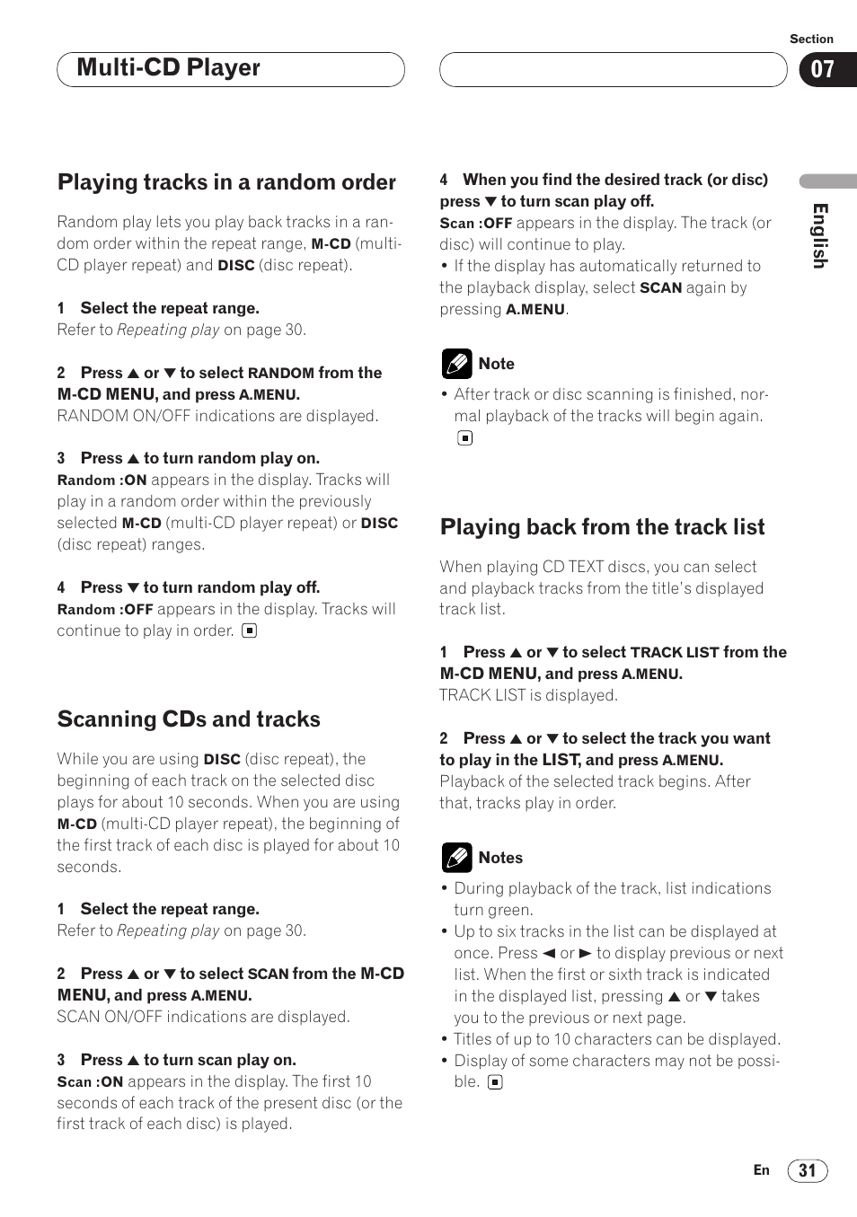 Multi-cd player, Playing tracks in a random order, Scanning cds and tracks | Playing back from the track list | Pioneer AVH-P6400 User Manual | Page 31 / 212
