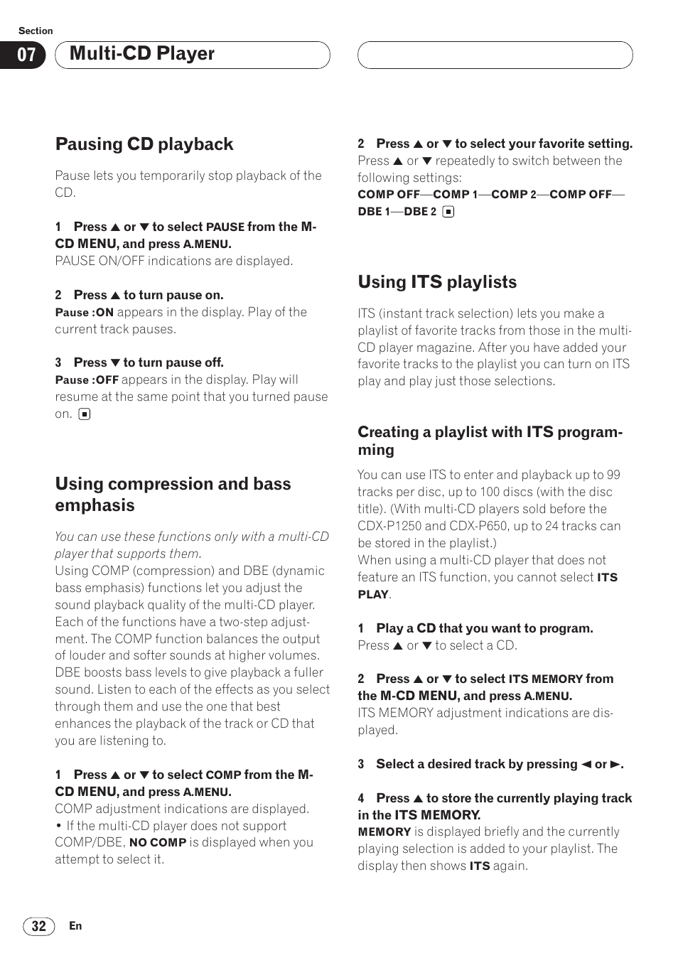 Creating a playlist with its, Programming 32, Multi-cd player | Pausing cd playback, Using compression and bass emphasis, Using its playlists | Pioneer AVH-P6400 User Manual | Page 32 / 212